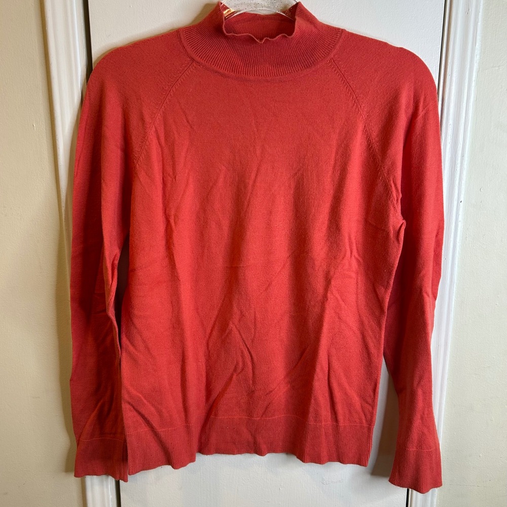 READ Talbots Women Coral Pink Mock Neck Ruffle Raglan Long Sleeve Knit Sweater